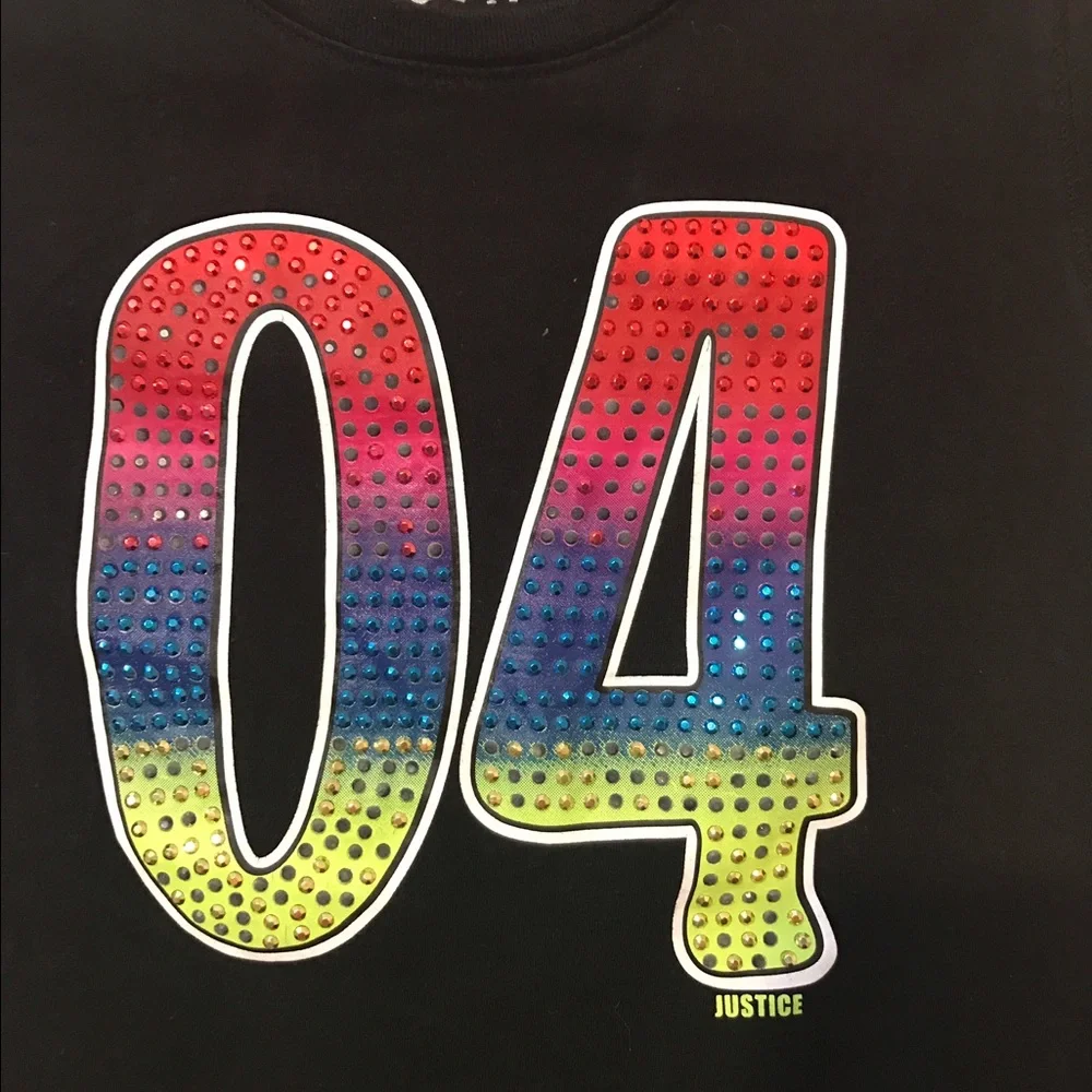 Justice Girl’s Black Graphic “04” Rhinestones T-Shirt Size 14 EUC